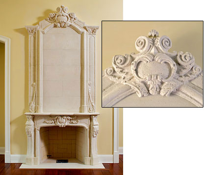 Custom carved stone fireplace