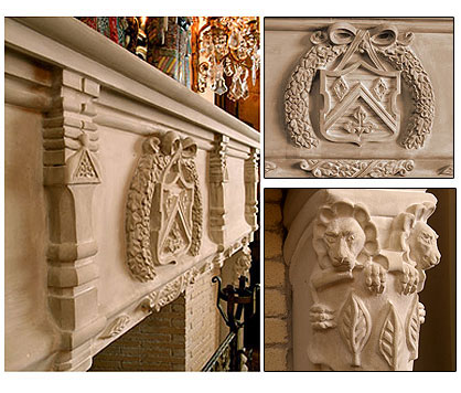 Detail of Custom hand-carved stone mantel and surround