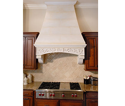 Custom limestone kitchen range hood