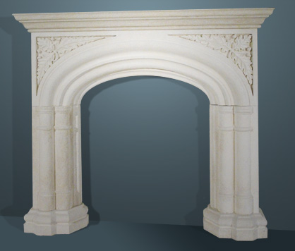 Arched Rustic Limestone Fireplace with Leaves and Columns